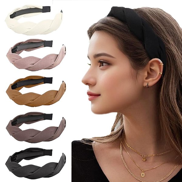 Meekest 5 Pack Braided Headbands for Women Head Bands for Women's Hair Wide Hairband Non slip Thick Headband with Teeth Twisted Boho Hair Accessories - Solid Colors