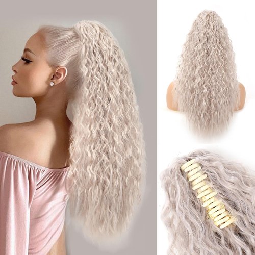 Clip on Ponytails Extension for Women 18 Inch Long Curly Ponytail Extension Synthetic Hair Extensions Ponytail Natural Wavy Heat Resistant Drawstring Fake Ponytail Hairpieces (Gray/Silver/White Mixed)