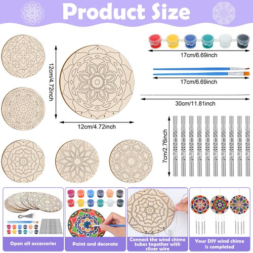 Silipull 24 Sets Mandala Wind Chimes Craft for Kids Color Your Own Mandalas Windchime DIY Unfinished Wood Hanging Ornaments Mandalas Coloring Wind Chime for Kids Gifts School Home and Party Supplies