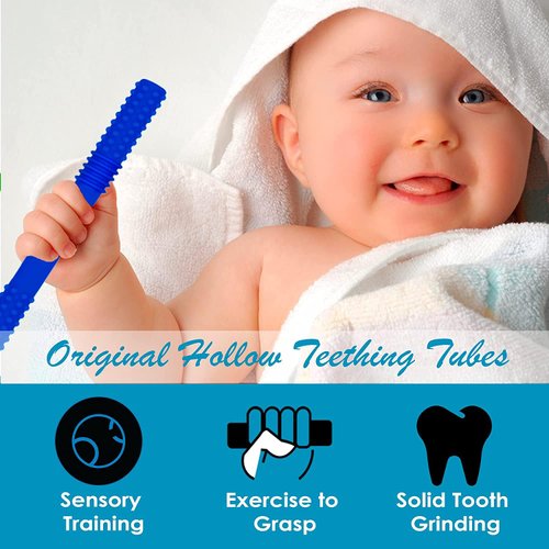 Hollow Teething Tubes Soft and Durable Baby Teether with Brushe 6-Pack Teething Toys for Babies 6-18 Months Silicone Teethers for Toddlers Sensory Chewy Tubes