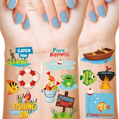 288 Pcs Fishing Birthday Themed Party Decorations Supplies for Kids Fisherman Temporary Stickers Set Gone Fishing Birthday Party Favors Beach Ocean Sea Decorations Girls Boys Gift