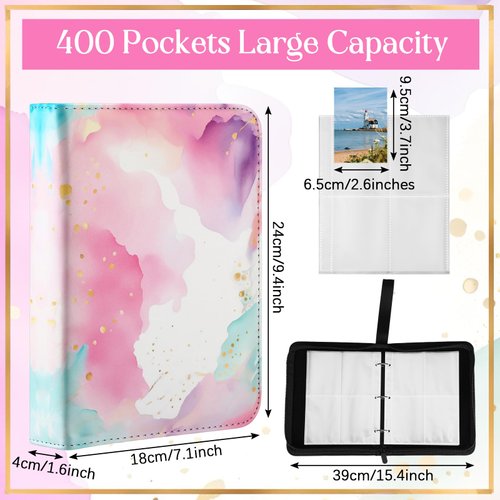 Humyoun Card Binder 4 Pocket PU Waterproof Trading Card Binder for 400 Cards Portable Card Album Holder with Zipper Wristband Card Organizer Gifts (Mixed Color Marble,9.8 x 7.7 x 2 Inch)