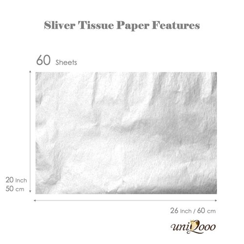 UNIQOOO 60 Sheets Metallic Silver Foil Gift Tissue Paper Bulk, Recyclable Durable for Gift Bags Box Gift Wrapping DIY Craft, Wedding Birthday Party Favor Decor, Shredded Filler, Pinata, 20X26In