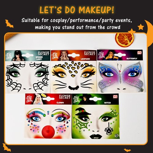 Digchti 5PCS Halloween Face Glitter Stickers, Acrylic Waterproof Face Tattoos with Rhinestones and Glitter for Party Makeup, Cosplay, Stage Face Decoration, and Festival Accessories