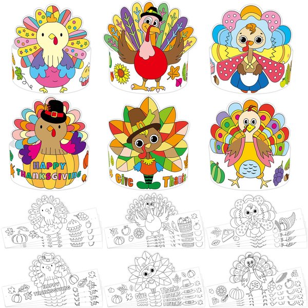 Thanksgiving Coloring Activities Turkey Headbands Hats Crafts for Kids Paper Crowns 24 PCS Fall School Classroom Arts and Crafts Party Favors