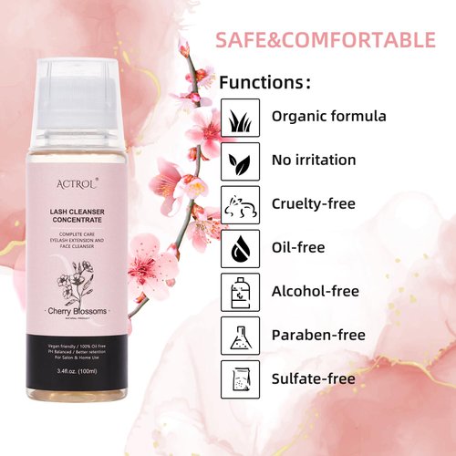 ACTROL Eyelash Shampoo Concentrate 100ml Lash Extensions Cleanser Concentrate Cherry Blossom Natural Foaming Shampoo DIY Wash for Extensions Lashes with Salon Home Care-Makes 60ml Bottles