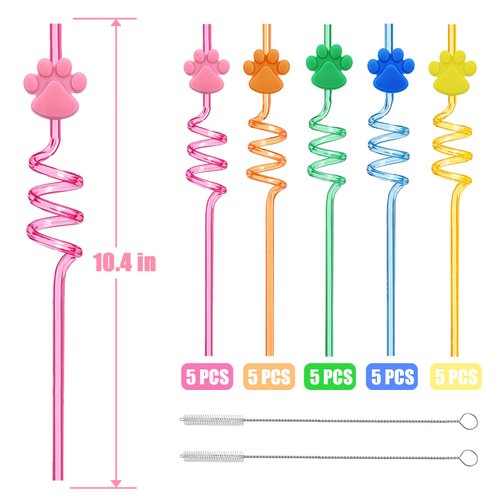 25PC Paw Dog Patrol Straws for Kids,Paw Theme Birthday Party Favor Supplies Drinking Straws with 2 PCS Cleaning Brush for Pet Dog Puppy Pals Cat Birthday Decorations Favors