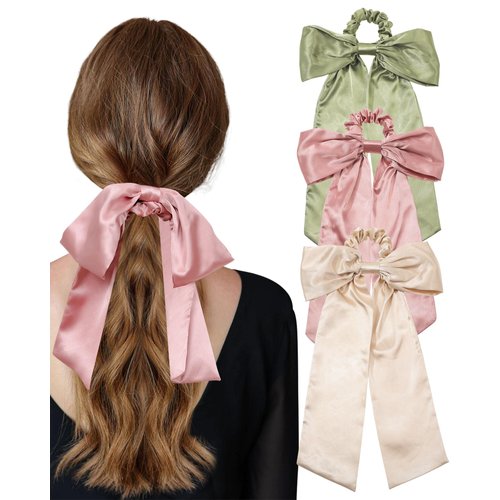 Silk Satin Hair Bow Scrunchies - 3PCS Solid Bow Hair Ties Scrunchy Bowknot Ponytail Holder for Women or Girls