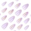 RUOKEXIN Almond Press on Nails Medium Fake Nails Purple False Nails with 3D Gold Butterfly Designs Glitter Full Cover Acrylic Artificial Nails Glossy Glue on Nails Natural Stick on Nails for Women