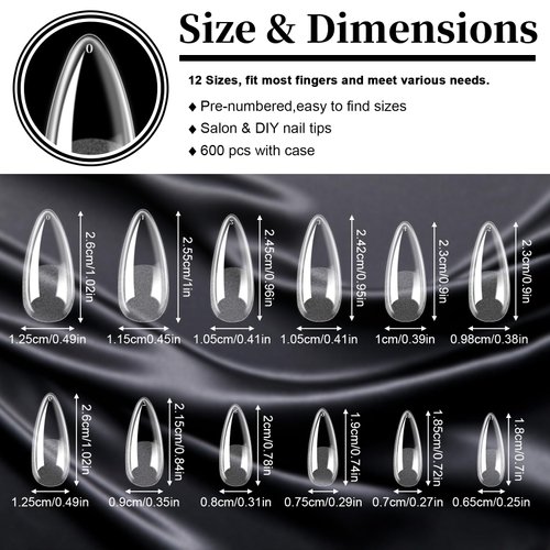 FEBSNOW 600 Pcs Clear Almond Fake Gel Nail Tips Full Cover Short Acrylic False Press On Nails for Nail Extension Home DIY Nail Salon,12 Size