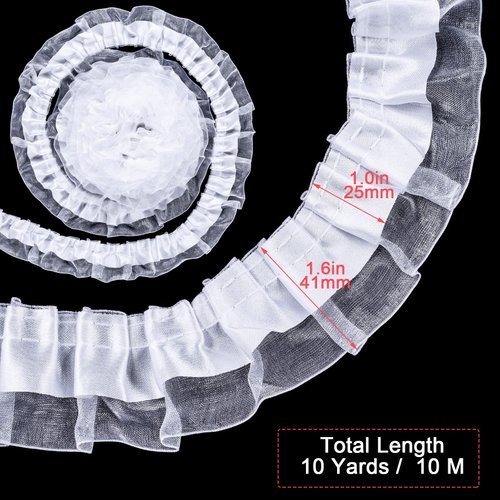 PAGOW 10 Yards Two Tone Satin Organza Lace Trim, 4cm Vintage Pleated Organza Lace Ribbons, for Applique, Sewing, Wedding Embellishment, DIY Decor - White