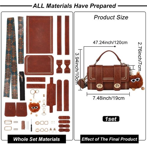 WADORN PU Leather Crossbody Bag Making Kit, DIY Knitting Crochet Shoulder Bag Making Materials PU Leather Handbags Sewing Kit for DIY Handmade Purse Making Accessories, 7.4x3.9x2.7 Inch (Brown)