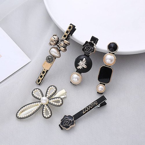 Rugelyss 5 Pcs Black Bear Rose Pearls and Rhinestone Hair Clips, Handmade Hair Barrettes, Alligator bobby pins, Glitter Crystal Hairpin, Elegant Gold Hair Accessories, Gifts for Women Girls
