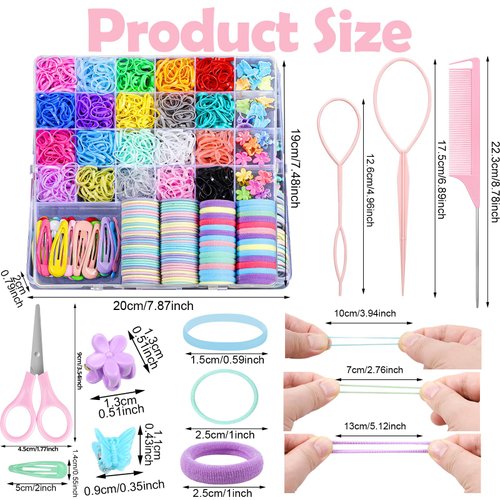 auroray Hair Accessories for Girl, 1543 Pcs Elastic Hair Rubber Bands Set 20 Colors Elastic Hair Ties with Organizer Box Cotton Baby Hair Ties, Hair Tail Tools, Rat Tail Comb, Butterfly Hair Clips
