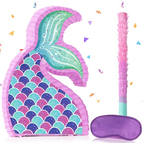 Hooqict Mermaid Tail Pinata with Pinata Stick & Blindfold Mermaid Party Decorations Mermaid Pinata for Mermaid Party Games Girls Under the Sea Ocean Themed Birthday Party Supplies