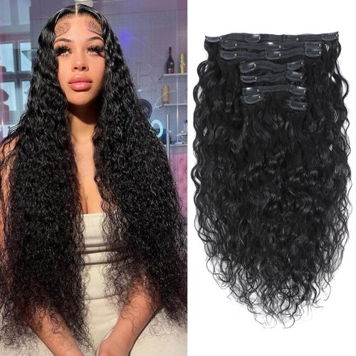 Clip in Hair Extensions Water Wave Natural Curl 100% Unprocessed Brazilian Human Hair Wavy Hair for Black Women (12")