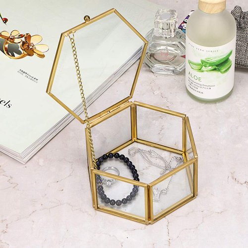 Hipiwe Vintage Glass Jewelry Box - Golden Hexagonal Jewelry Display Organizer Keepsake Box Home Decorative Box Case for Storage Trinket Ring Earring Chest