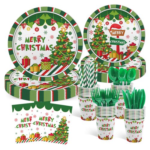 MEHOFOND 192Pcs Merry Christmas Plates and Napkins, Green Christmas Tree Tableware Set Xmas Tree Disposable Dinnerware Set Winter Holiday Birthday Party Supplies Decorations Serve for 24 Guests