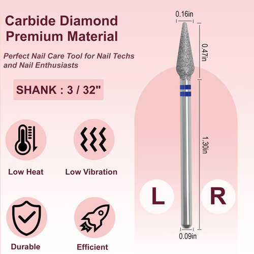 HungGato Tapered Top Needle Cuticle Clean Nail Drill Bit 3/32'', Professional Safety Carbide Diamond Under Nail Cleaner for Cuticle Dead Skin Nail Prepare, Beginners Bits, Experienced Tech (Medium)