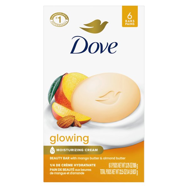 Dove Beauty Bar Soap Glowing Mango & Almond Butters, 6 Bars for Radiant Skin, Illuminates Skin 3.75 oz