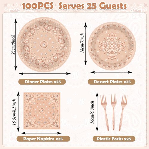 gisgfim 100Pcs Western Bandana Party Decorations Supplies Pink Paisley Plates and Napkins Farm Cowboy Cowgirl Paper Dinnerware Tableware Set for Rodeo Baby Shower Wild West Birthday Serves 25