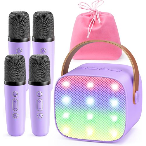 YLL Mini Karaoke Machine for Kids Adults: Portable Loud Speaker with 4 Wireless Microphones - Christmas Birthday Party Gifts for Girls 3,4,5,6,7,8+ Year Old Toys(Purple)