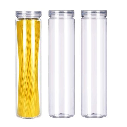 SCWBOEII 3Pcs Clear Plastic Food Storage Jar with Lid, Round Transparent Storage Container for Spaghetti,Pasta and Dry goods (2.1" Diameter x 11.8" Height) (Round)