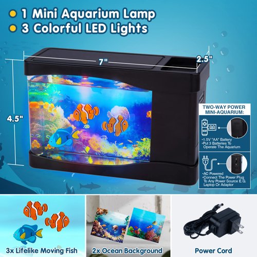Artificial Fish Tank Virtual Ocean Toy in Motion Lamp - Mini Office Desk Aquarium 3 Colorful LED Lights, Colorful Aquarium Backgrounds - 3 Artificial Fish, Bubbles Tank with Moving Fish, Gift for Kids