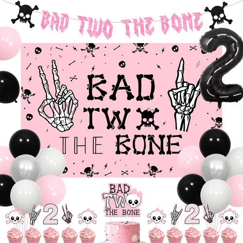 Jollyboom Bad Two the Bone Birthday Decoration Girl, Rock And Roll 2nd Birthday Party Decorations Backdrop Cake Cupcake Topper Banner Foil Number 2 Balloon for Girl Music Theme 2 Year Old Birthday