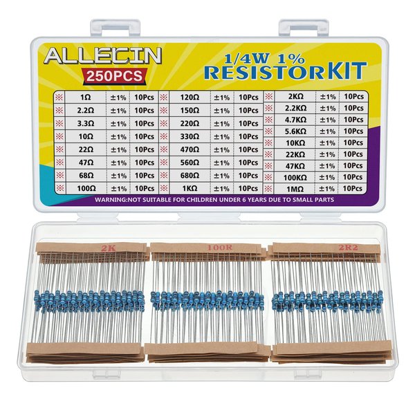 ALLECIN 25 Values 1/4W Resistor Kit from 1 Ohm to 1M Ohm 1/4 Watt 1% Metal Film Resistors Assortment