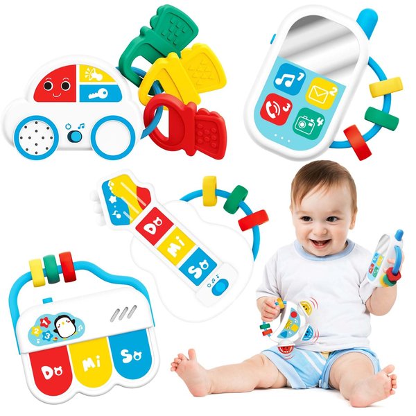 Baby Musical Toy Set for 6-12 Months with Teething, Guitar Piano Rattle Phone Car, Touch Sound Toys for Early Development 0-3 Months, Toddler Music Learning Toys 1 2 Year Old, Infant Birthday Gift