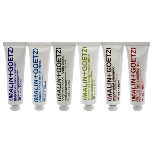 Malin + Goetz Essential Starter Kit, 1 Fl. Oz. - Hair Shampoo & Conditioner, Facial Cleanser & Moisturizer, Hand & Body Wash, Body Moisturizer, Travel Kit, Vegan & Cruelty Free