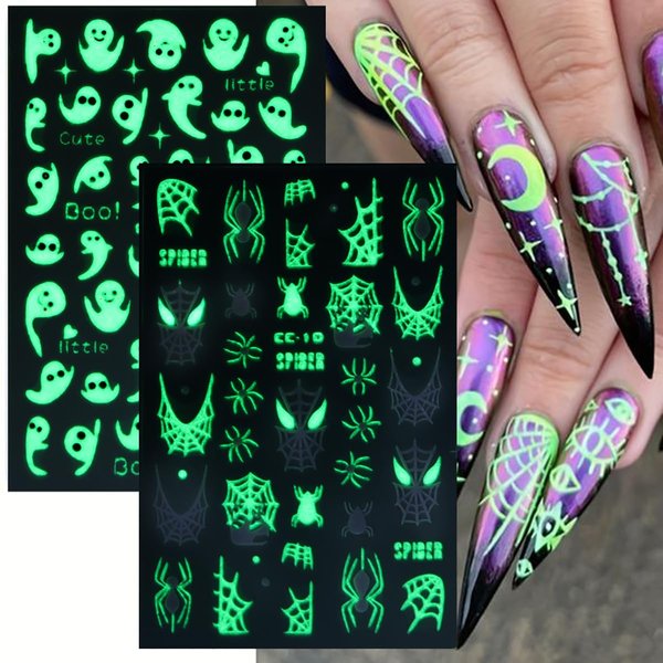 Halloween Nail Stickers Glow in The Dark Ghosts Nail Decals 6PCS Self-Adhesive Halloween Nail Art Stickers Cute Ghosts Spiderweb Nail Art Design Nail Decor Supplies for Women Girls Nail Decorations