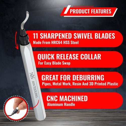 AFA Tooling - Deburring Tool with 10 Extra High Speed Steel Swivel Blades - Works on Metal, Resin, PVC Pipes, Copper, Plastic and 3D Printed Edges - Plumbing & 3D Printing Burr Removal Reamer Tool