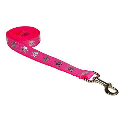 Small Pink Reflective Skull Dog Leash: 3/4" wide, 4ft length - Made in USA.