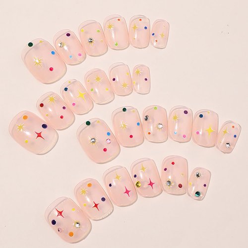 Short Press on Nails Colorful Star Fake Nails Cute False Nails with Rhinestone Design Nude Pink Acrylic Nails Glossy Full Cover Glue on Nails Extra Short Press on Nails for Women Nail Decorations