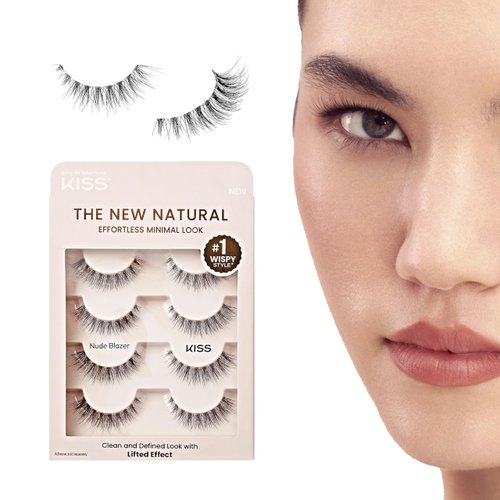 KISS The New Natural, False Eyelashes, Nude Blazer', 12 mm, Includes 4 Pairs Of Lashes, Contact Lens Friendly, Easy to Apply, Reusable Strip Lashes