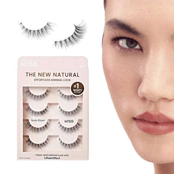 KISS The New Natural, False Eyelashes, Nude Blazer', 12 mm, Includes 4 Pairs Of Lashes, Contact Lens Friendly, Easy to Apply, Reusable Strip Lashes