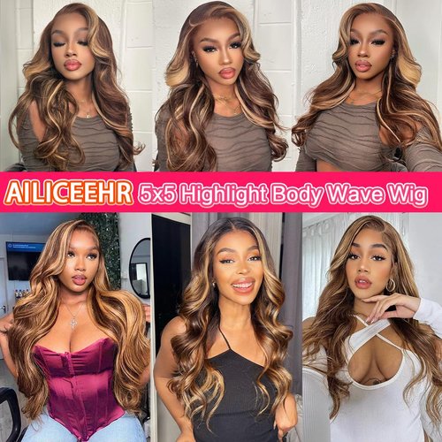 AILICEEHR Highlight Ombre 5×5 Lace Closure Wigs Human Hair Pre Plucked Honey Blonde Body Wave Lace Front Wigs Human Hair 180% Density HD Lace P4/27 Balayage Colored Glusless Wigs 20 Inch