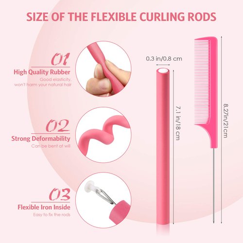 60 Flexi Rods Hair Curlers Set for Women & Girls - Flexible No Heat Rollers for Long and Short Hair, Twist Curls (Pink, 0.3 x 7 Inch)
