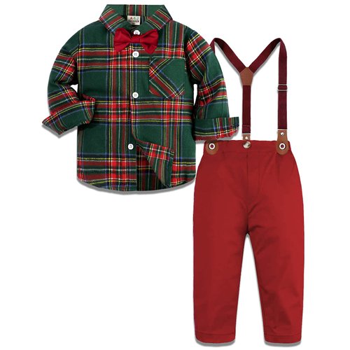 A&J DESIGN Toddler Dress Suits Baby Boys Tartan Gentleman Christmas Suspenders Outfit 18-24 Months Red