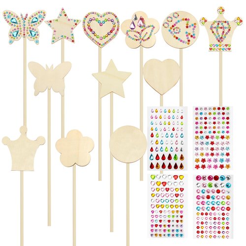 SAYAYA 12 Pack Fairy Wands Kit 6 Styles Unfinished Wooden Princess Wand DIY Princess Wand with 4 PCS Stickers Fairy Wands Craft Kit for Make Your Own Princess Wand Ideal Gift for Party Supplies