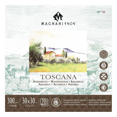 Magnani 1404 Toscana Rough 100% Cotton Watercolor Paper Pad, 20 Sheets,12x12", 140 lb, Acid-Free, UV Resistant, Deckled Edges, Vegan Sized Water Color Paper for Artists, Made in Italy