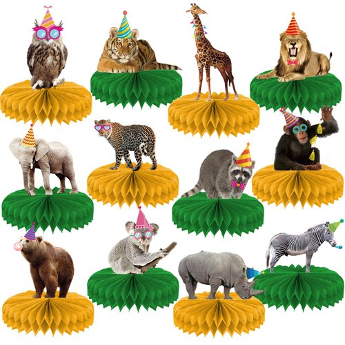 12 Pcs Safari Animals Jungle Party Honeycomb Centerpieces for Jungle Themed Birthday Party Decorations Wild Animals Baby Shower Table Decorations Supplies for Boys Girls