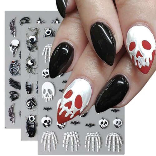 5D Halloween Nail Art Stickers Skeleton Nail Decals Bat Eye Ball Nail Design Self Adhesive Stickers for Women Girls DIY Nail Art Decoration Halloween Nail Supplies 3Sheets