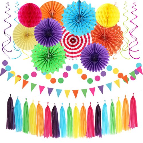 Rainbow Birthday Party-Decorations - 33pcs Colorful Banner,Mexican Theme Streamers Tassel Garland,Tissue Pom Poms Honeycomb,Paper Lantern Fans,Baby Shower Classroom Decor Supplies Hugtmr