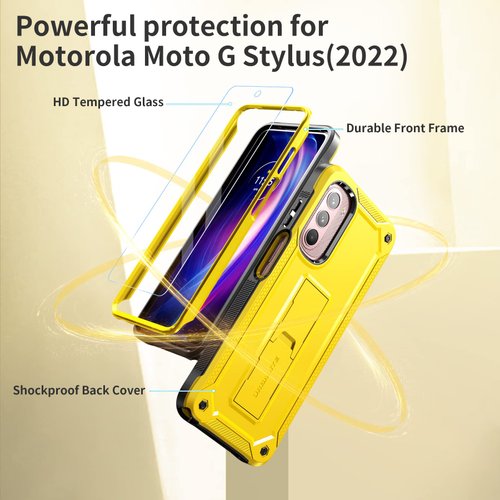 URBANITE for Motorola Moto G Stylus 4G (2022) Case, Military Grade Rugged Shockproof Protective Cover with Screen Protector and Kickstand (Yellow)