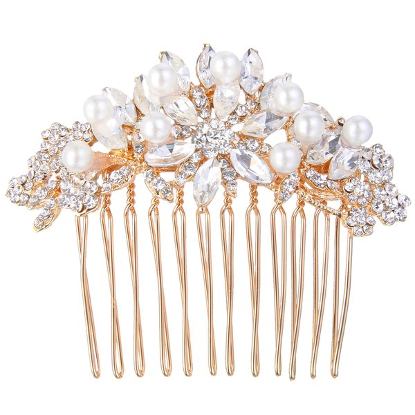 EVER FAITH Wedding Hair Piece Crystal Cream Simulated Pearl Flower Bridal Hair Comb for Bride Bridesmaids Rose Gold-Tone