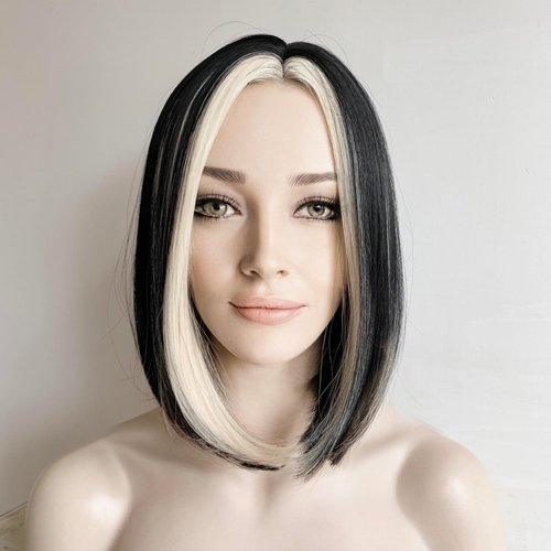 nevermindyrhead Short Straight Bob Wigs for Women, Black Light Blonde Side Part Layered Bob Wig, Salt and Pepper Wig for Halloween Daily Cosplay Party