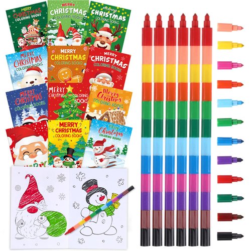 Funrous 24 Pcs Christmas Coloring Book for Kids Bulk with 24 Crayons, Christmas Activity Books with Marker Xmas Stocking Goodie Bag Stuffers for Holiday Students Classroom Gifts Party Favors (Vivid)